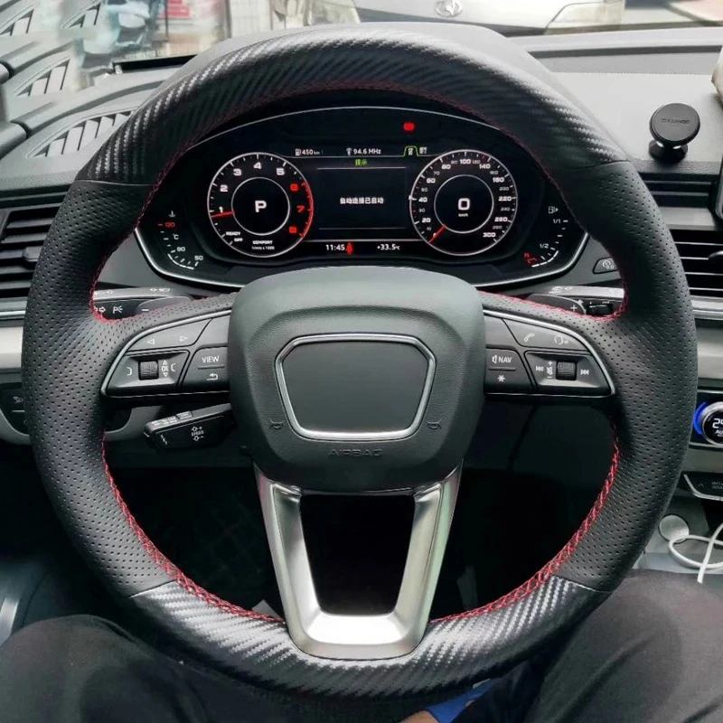 For Audi A4 Allroad 2017-2018 / Q3 2019 / Q5 2018-2019 Hand stitch Black Carbon fiber Genuine Leather Car Steering Wheel Cover