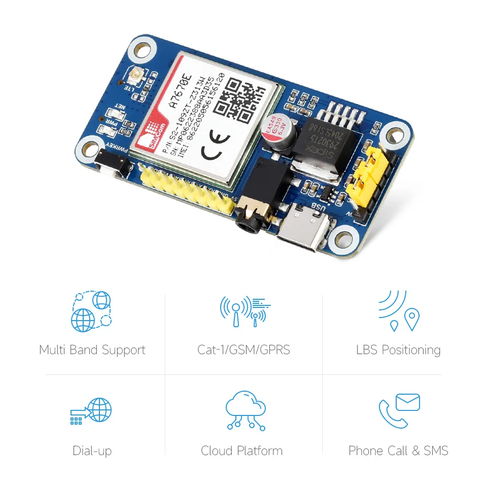 A7670E LTE Cat-1 HAT para Raspberry Pi, Multi Band, 2G GSM / GPRS, LBS, para Europa, Sudeste Asiático, Asia Occidental, África, China