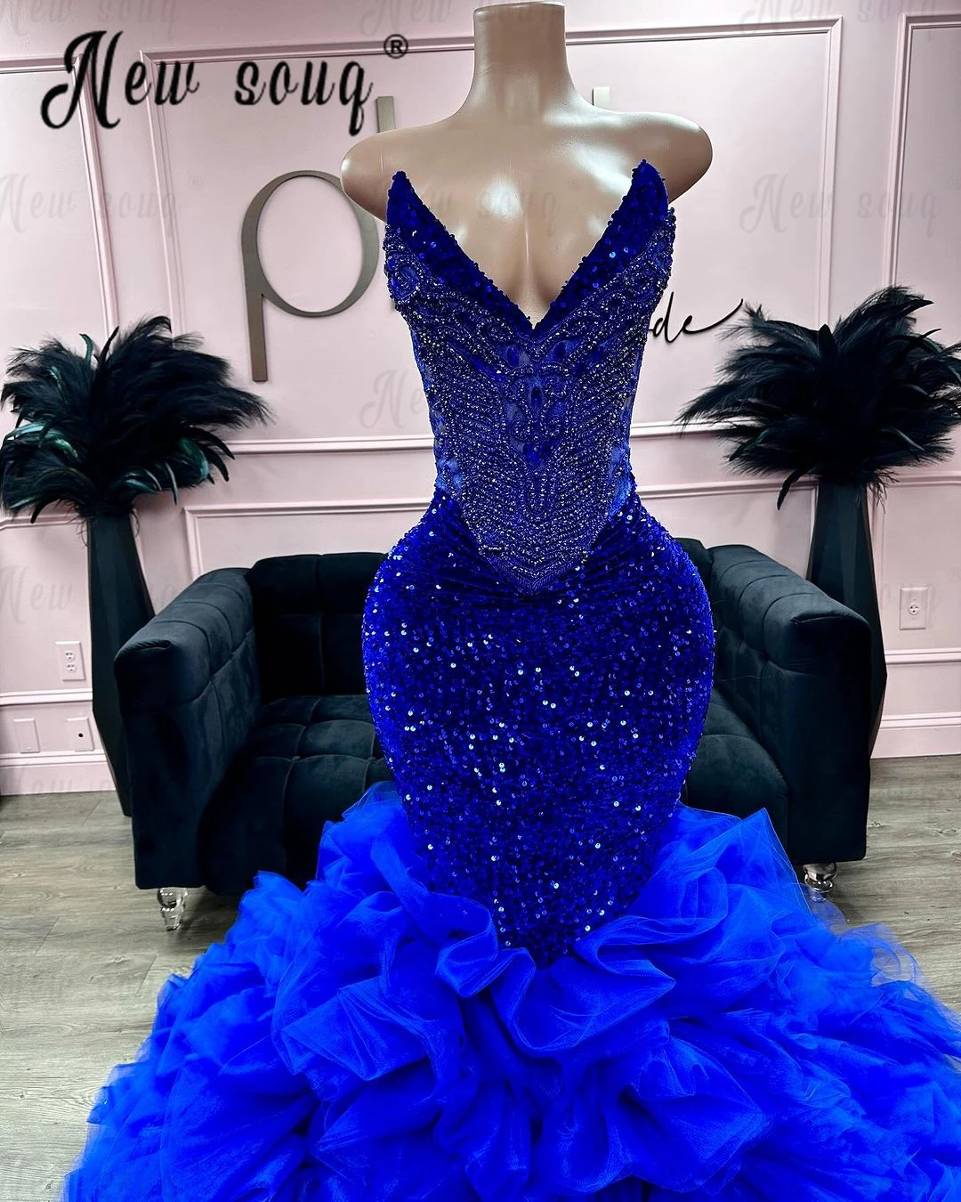 Luxury Ruffles Mermaid Royal Blue Prom Dresses Sparkly Sequins Engagement Dress 2024 Bride Gowns for Wedding Party Custom Made