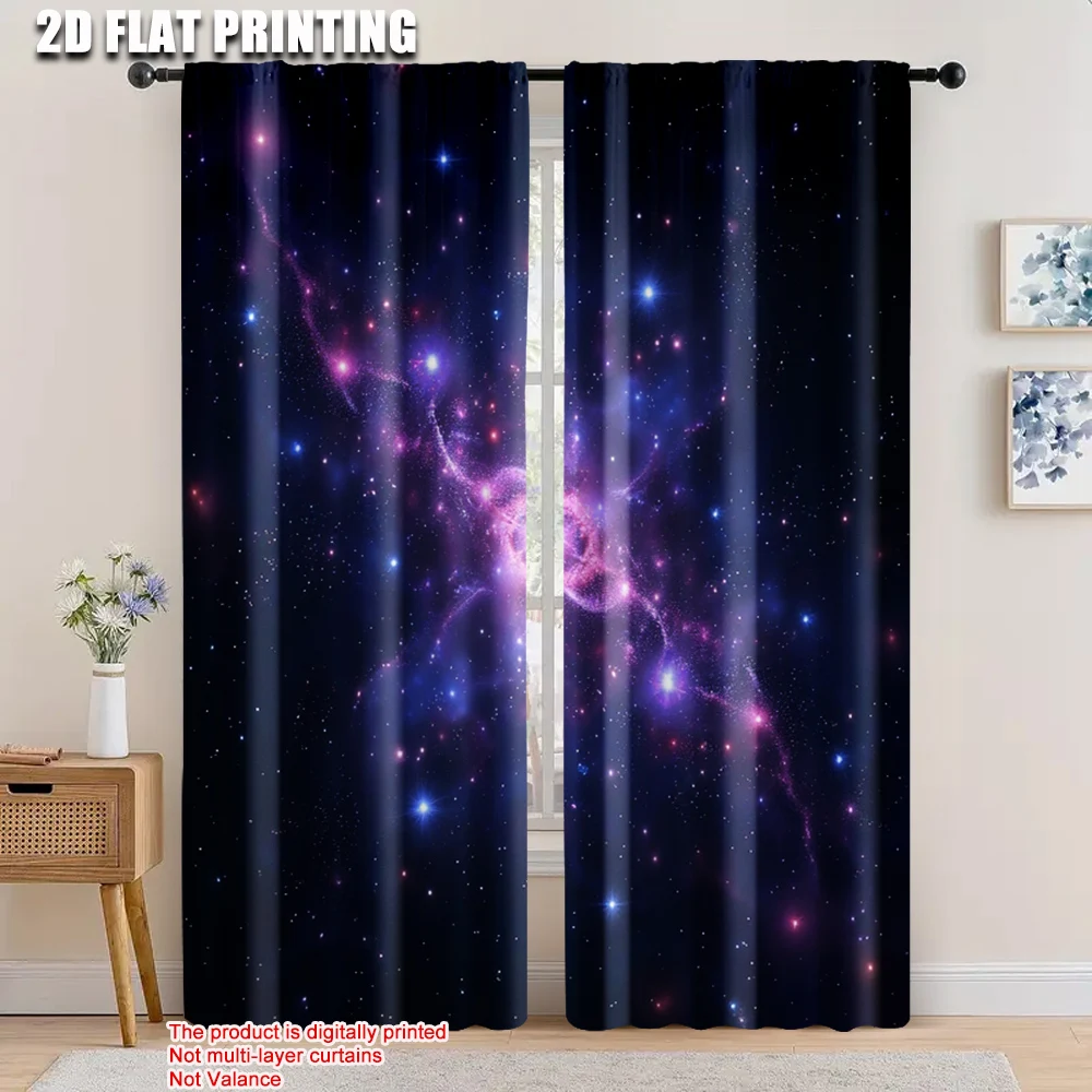 

2pcs, 2D flat printing Window Drapes Purple blue space Versatile Polyester,Without Electricity Wall Decor Use for Window