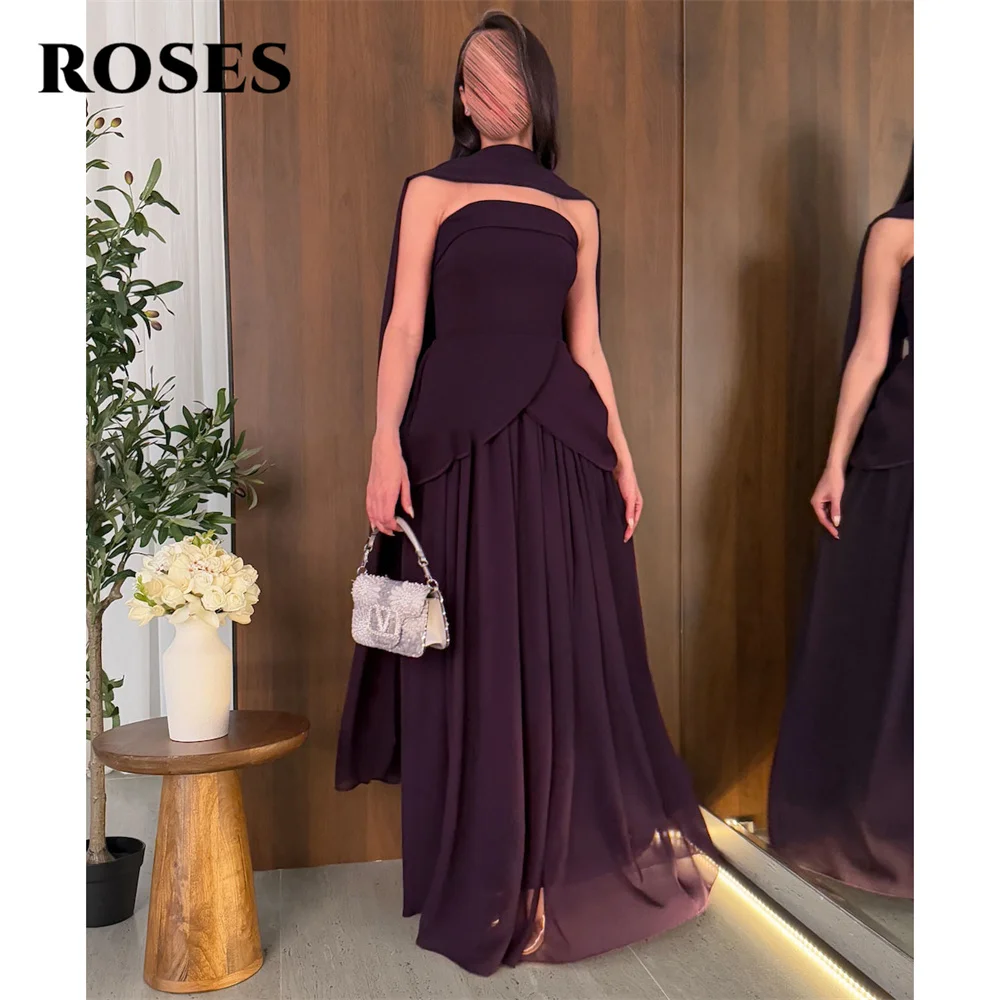 

ROSES Purple Chiffion Saudi Arabia Evening Dress Gown Strapless Prom Dresses Halter Party Night Dresses for Woman Customized