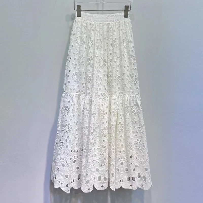 

Женская длинная юбка с вышивкой, длинная юбка белого и черного цвета с поясом на резинке, длинная юбка из сплава, осень 2024