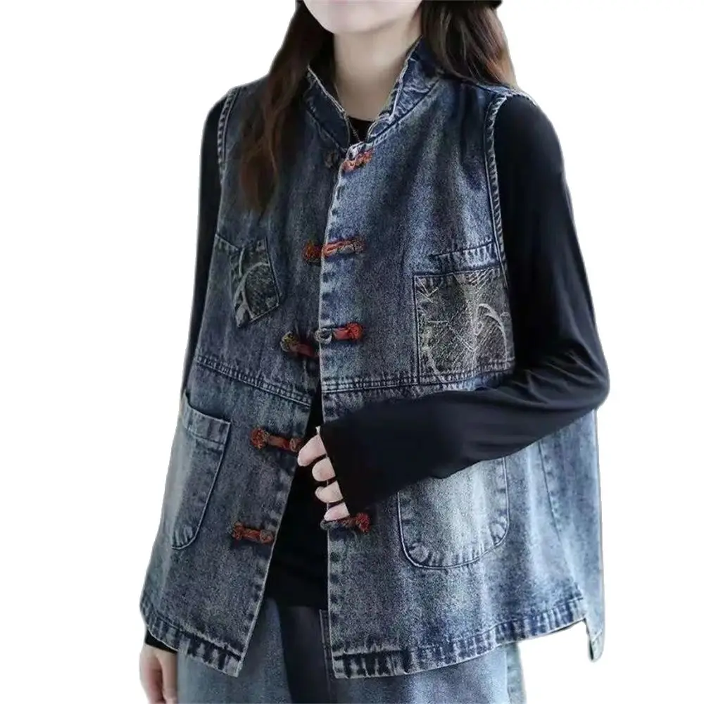 2024 Spring Summer Sleeveless Coat Outerwear Spliced All-Match Design Female Gilet Jean Waistcoat Vintage Style Women Denim Vest