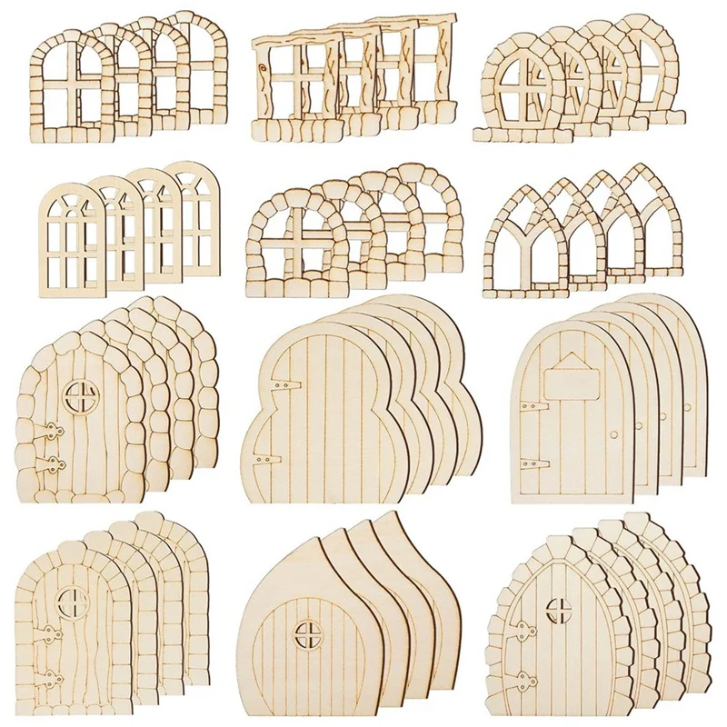 A013 48 peças porta de fadas portas de jardim de madeira artesanato mini janela kit de casa de fadas porta em miniatura inacabada janela de fadas sem pintura