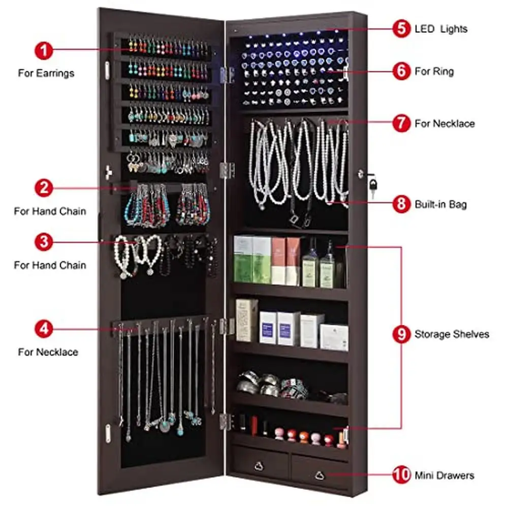 Wandgemonteerde Led Sieraden Armoire Organizer Opbergkast Over De Deurspiegel 6 Lichten Afsluitbaar Ruimtelijk Ruimte Bruin-1 47 "X14