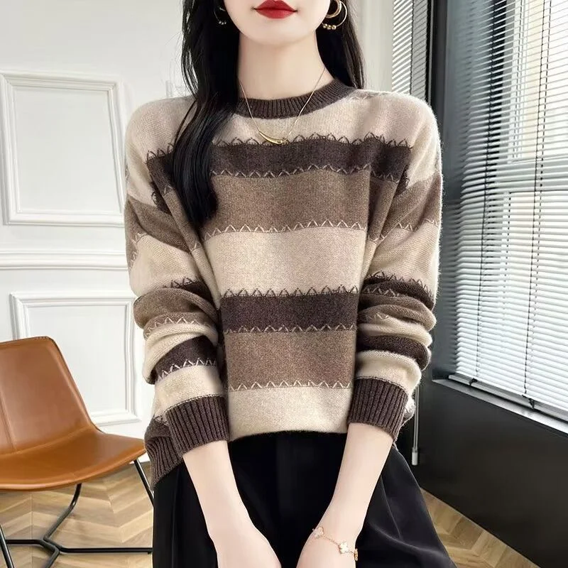 

Свободный осенне-зимний вязаный пуловер в полоску с круглым вырезом в стиле ретро, топ