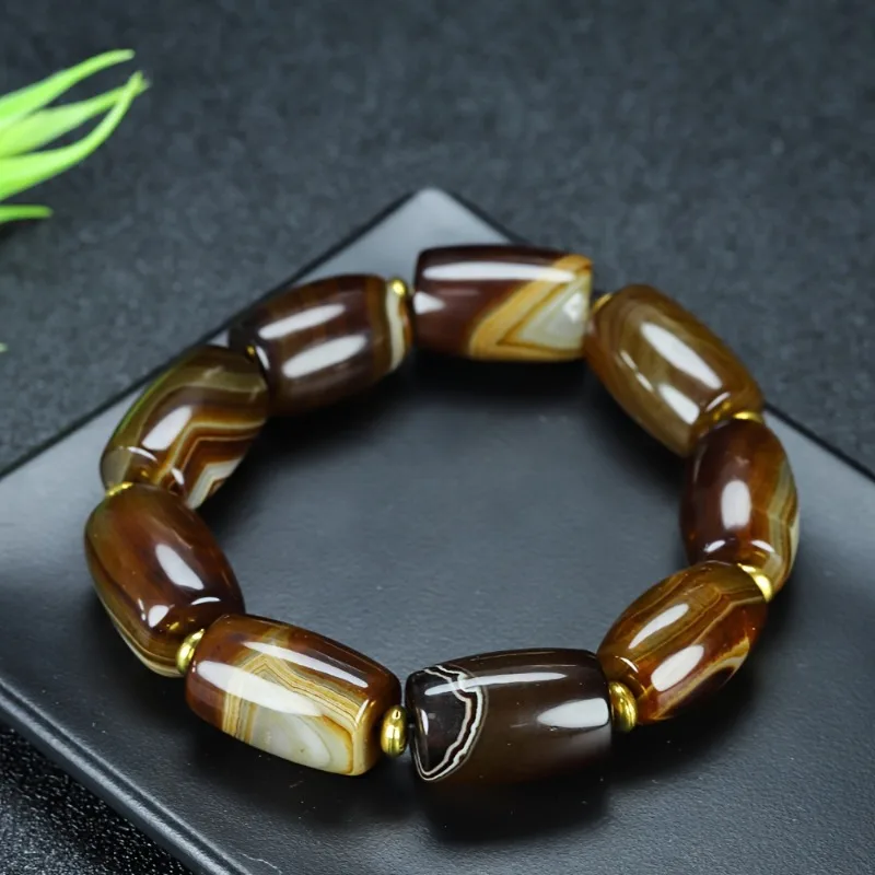 Elegant Men's Black and White Agate Bead Bracelet, Striped Silk Wrap Design Perfect Gift