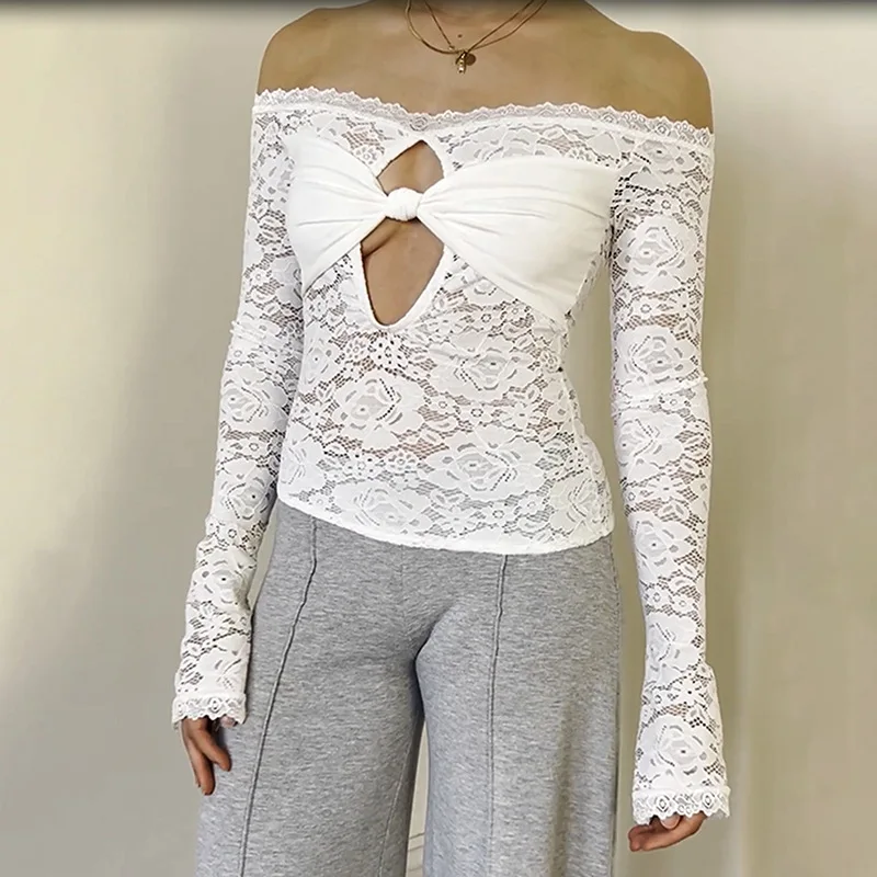 Dame Slash Neck Twist Knoten Spitze Tops Shirts Frauen Aushöhlen Pullover Weibliche Sheer Dünne Tees Mesh Trendy Weiß Prinzessin Tops