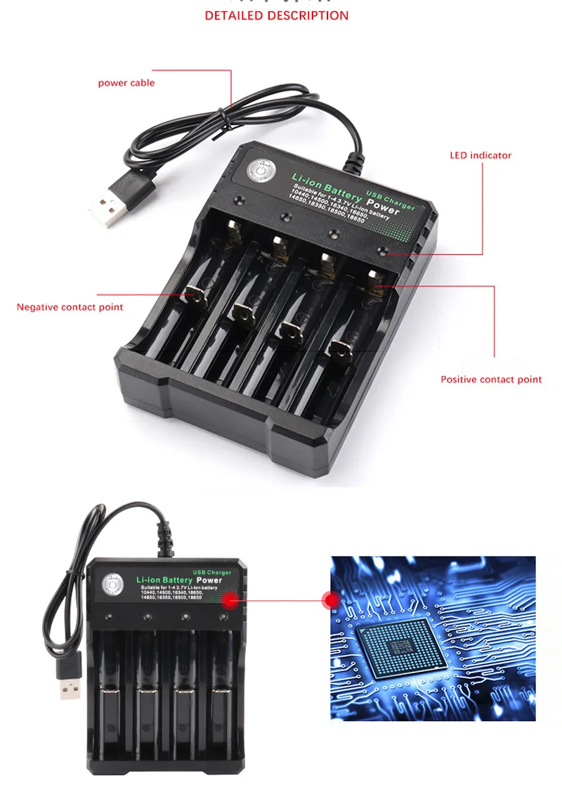 USB/EUR/US AC 110V-220V 18650 Battery Charger 4 Slots For 0440 14500 16340 16650 14650 18350 18500 Charging 3.7V Rechargeable