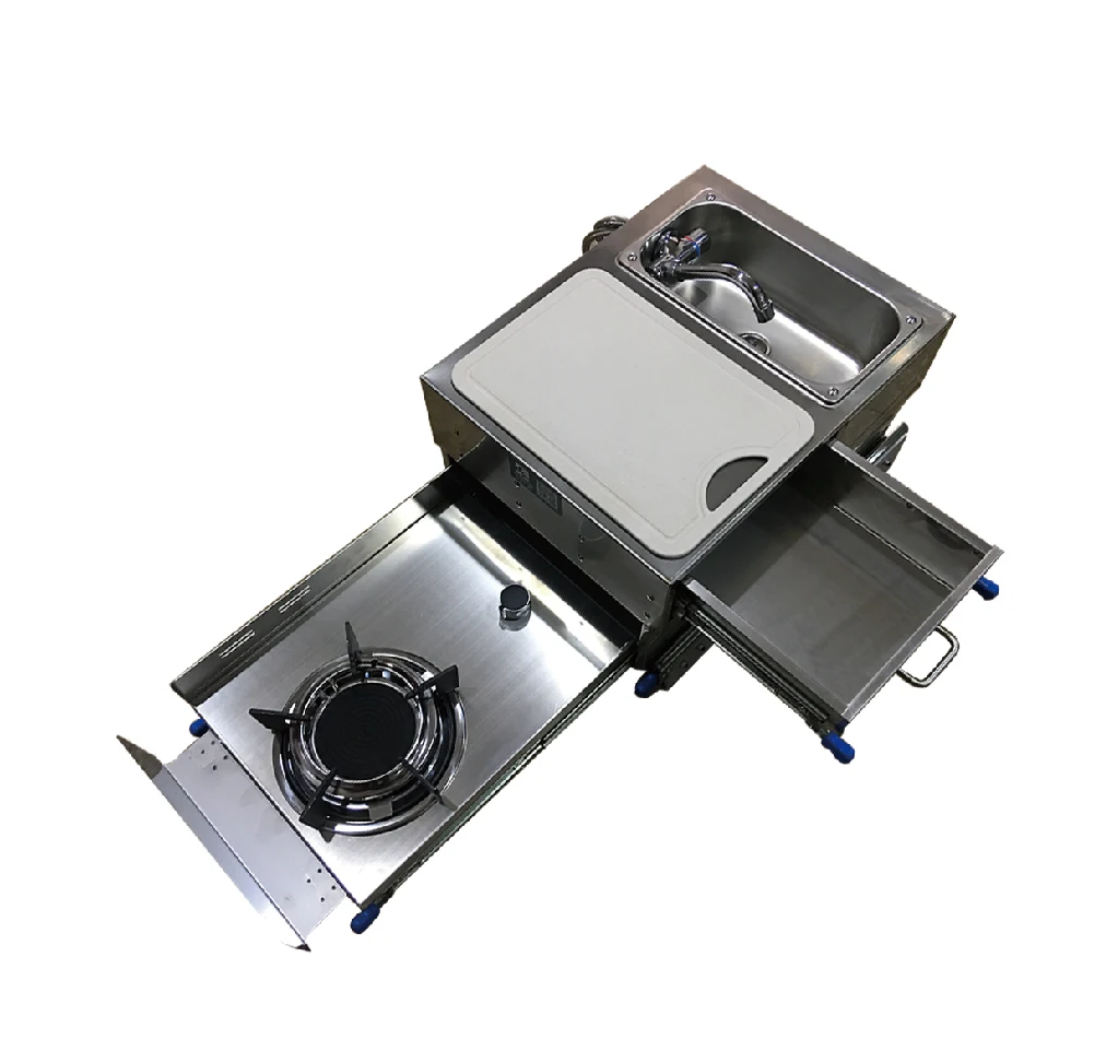 RV Caravan Kitchen Lightweight Stainless Steel Mini One Burner Gas Stove Integrated with Sink and Drawer for Vehicle Use GR-C001