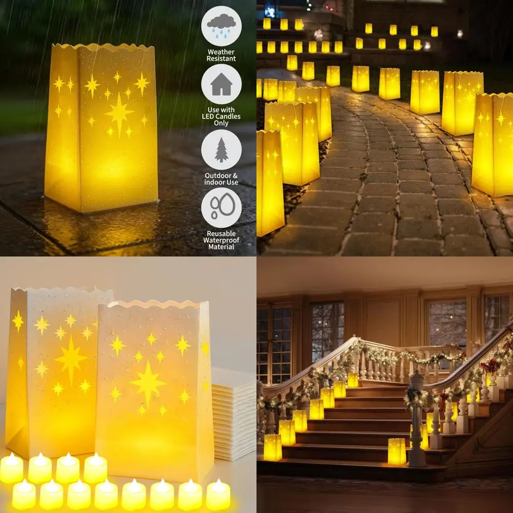 

Набор из 100 многоразовых белых мешочков-люминариа со светодиодными свечами для декора на открытом воздухе, на Рождество, свадьбу и вечеринки