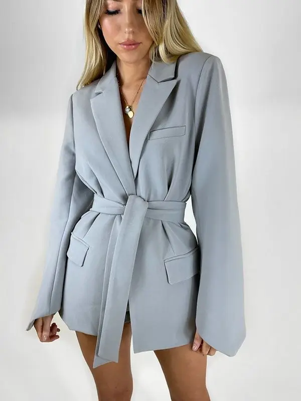 

Faionable Pure Color Casual Suit for Women Spring 2024 Belted Waist Street Sle Long Sve Mid-Length Coat