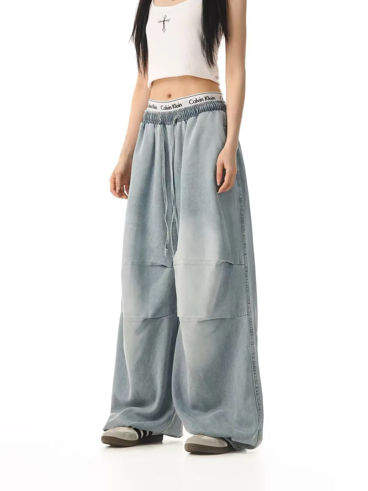 Drawstring Elastic Waist Pleated Wide Leg Jeans Women Loose Hip Hop Dance Streetwear Pants