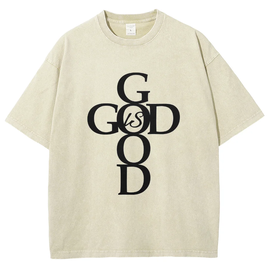 God Good Letter Print Women's Washed T-Shirt Oversized Crew Neck Short Sleeves Minimalist Fashion Simple Top Basic Tees