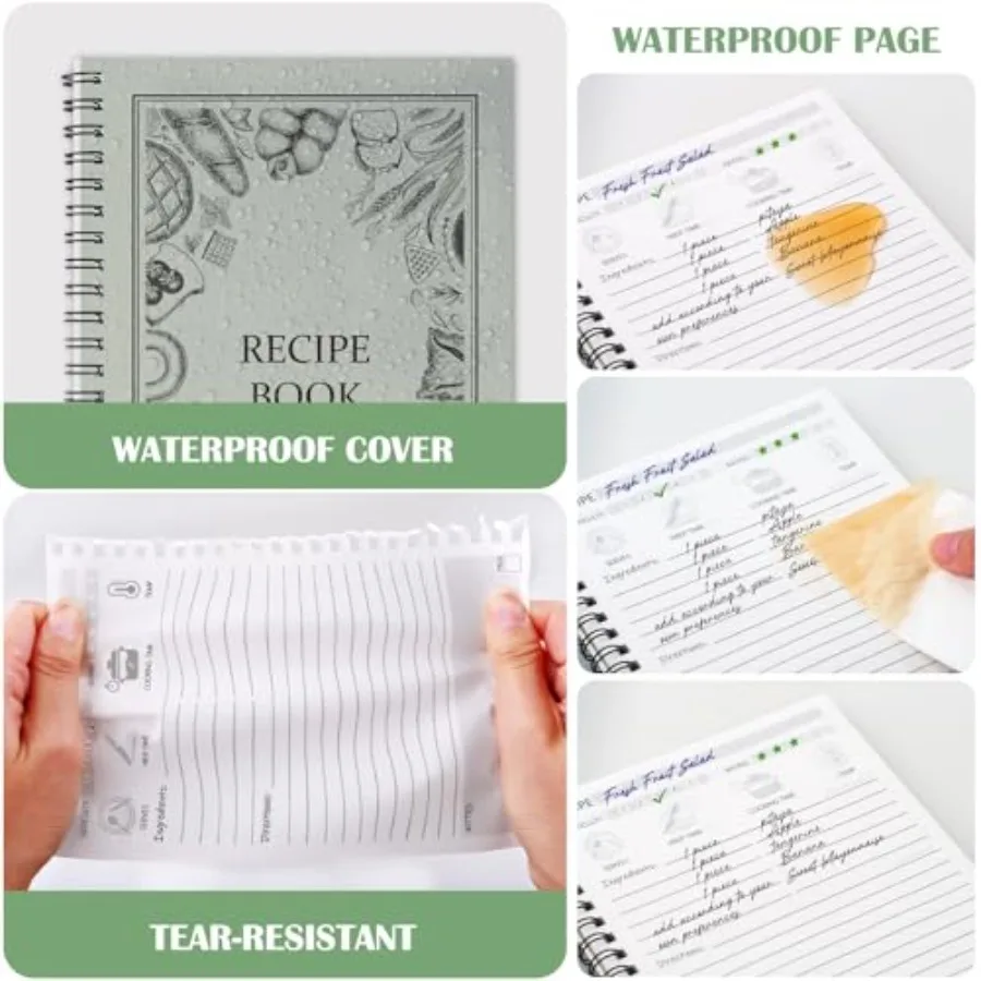 كتاب وصفات للكتابة في وصفاتك الخاصة، صفحات مقاومة للماء ومقاومة للتمزق، غلاف فني حلزوني، كتاب وصفات فارغ مع 48 علامة تبويب