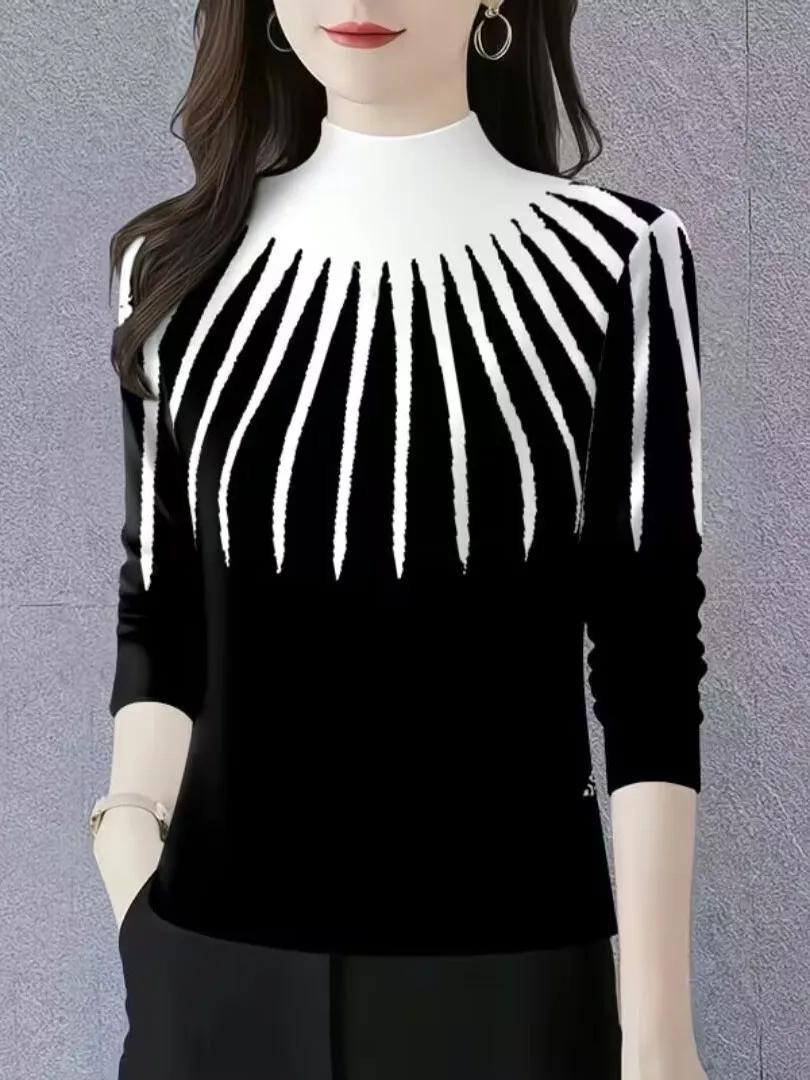 Slimming Print High Neck Long Sleeve Base Shirt for Women Trendy Casual Style Milk Fiber T-Shirt Cover Belly Home Wear
