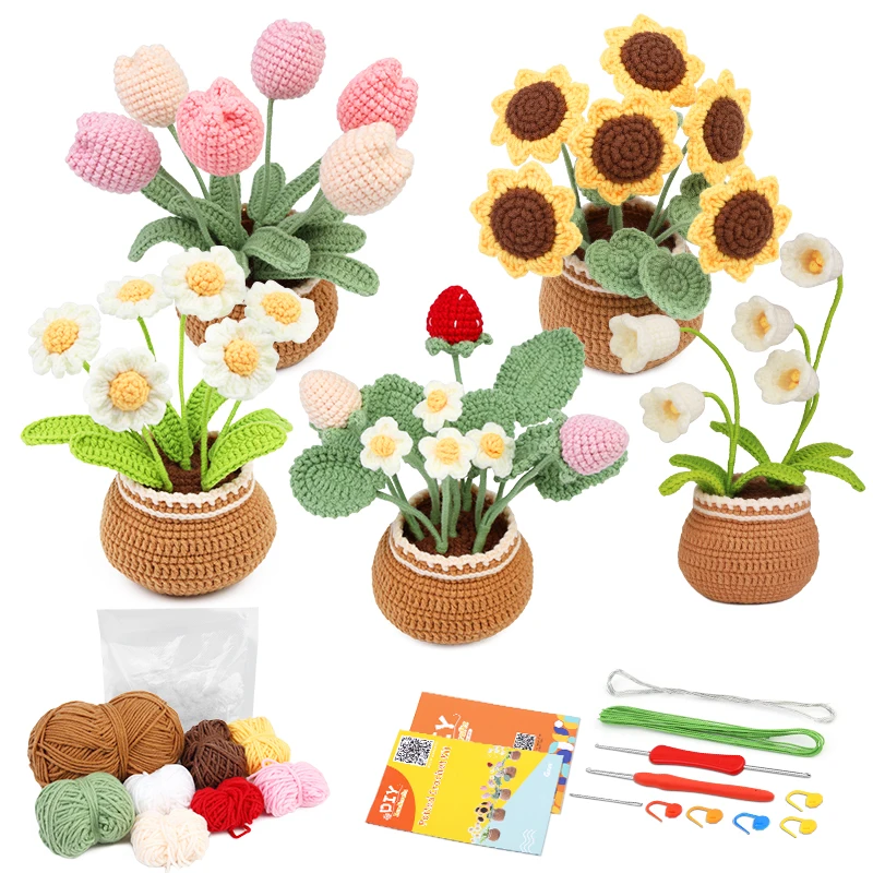 

Fenrry Flowers Plant Potted Crochet Tools for Beginner Handmade DIY Knitting Material Tools Yarn Filling for Home Decor