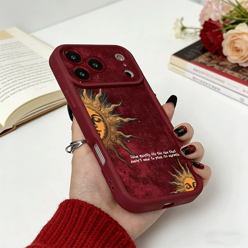 Red Background Sun Pattern Silicone Soft Phone Case For iPhone 17 16 15 Pro Max 14 13 12 11 Pro 17Air 16E XS X XR 7 8 Plus Cover