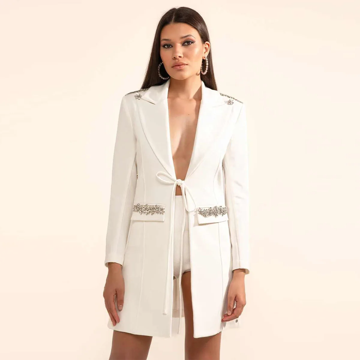 Customized 2 Piece Set Single Breasted Diamond Luxury V Neck Women Suits Simple Beads Notched Lapel Plus Size Women Blazer view 5
