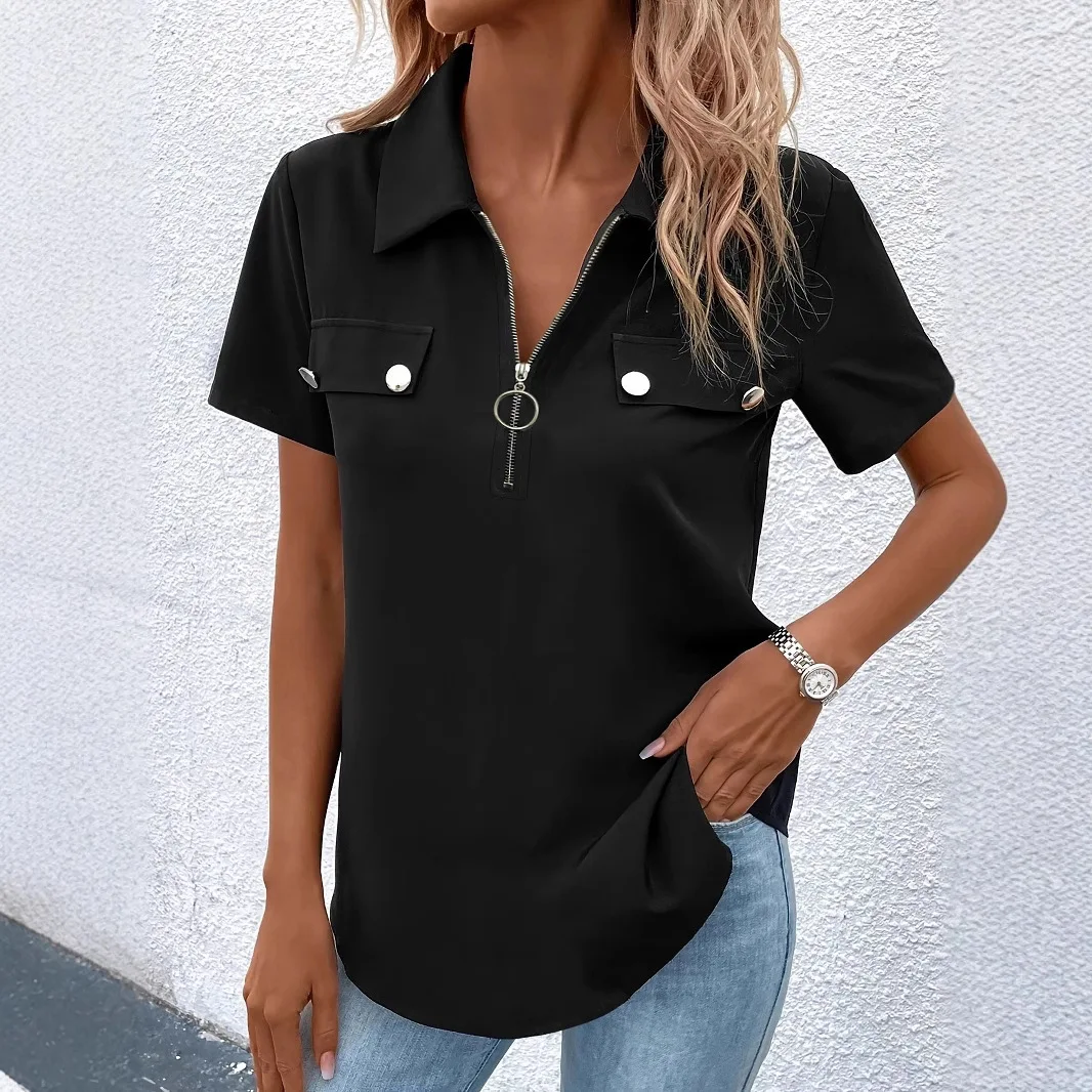 2025 Fashion New Products Spring and Summer Solid Color Zipper Shirt Button Top Women's Retro Temperament Versatile
