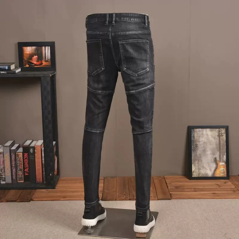 Streetwear Fashion Men Jeans Retro Black Gray Spliced Slim Fit Biker Jeans Homme Zipper Designer Stretch Hip Hop Pants Hombre