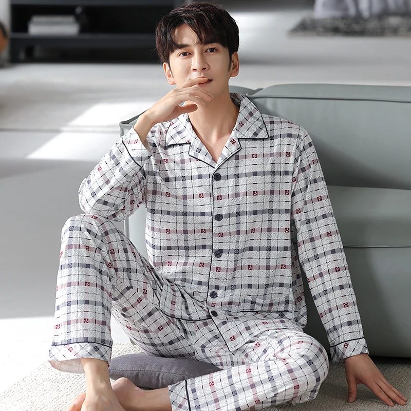 Men's Home Suits Long-sleeved Trousers Suits for Spring and Autumn Pijamas for Men Cotton Plaid Design Pajamas for Men