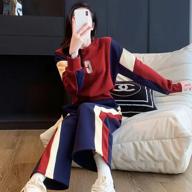 Women's Casual Sportswear Set Long Sleeve Sweatshirt Wide Leg Pants Two Piece Suit Autumn 2026 New Style Color Block Design