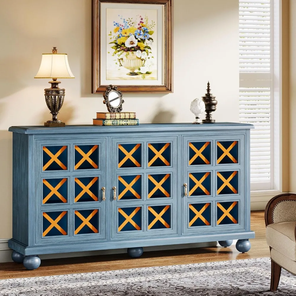 

Blue Sideboard Buffet Cabinet with Storage, Farmhouse 3-Doors Tall Accent Cabinet with Solid Legs, 55'' Vintage Crede