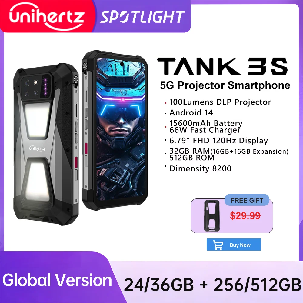 Unihertz tank 3s 8849 aangedreven smartphone met projector 24/32GB 256/512GB Afmeting 8200 mobiele telefoon 15600mAh 66W telefoon