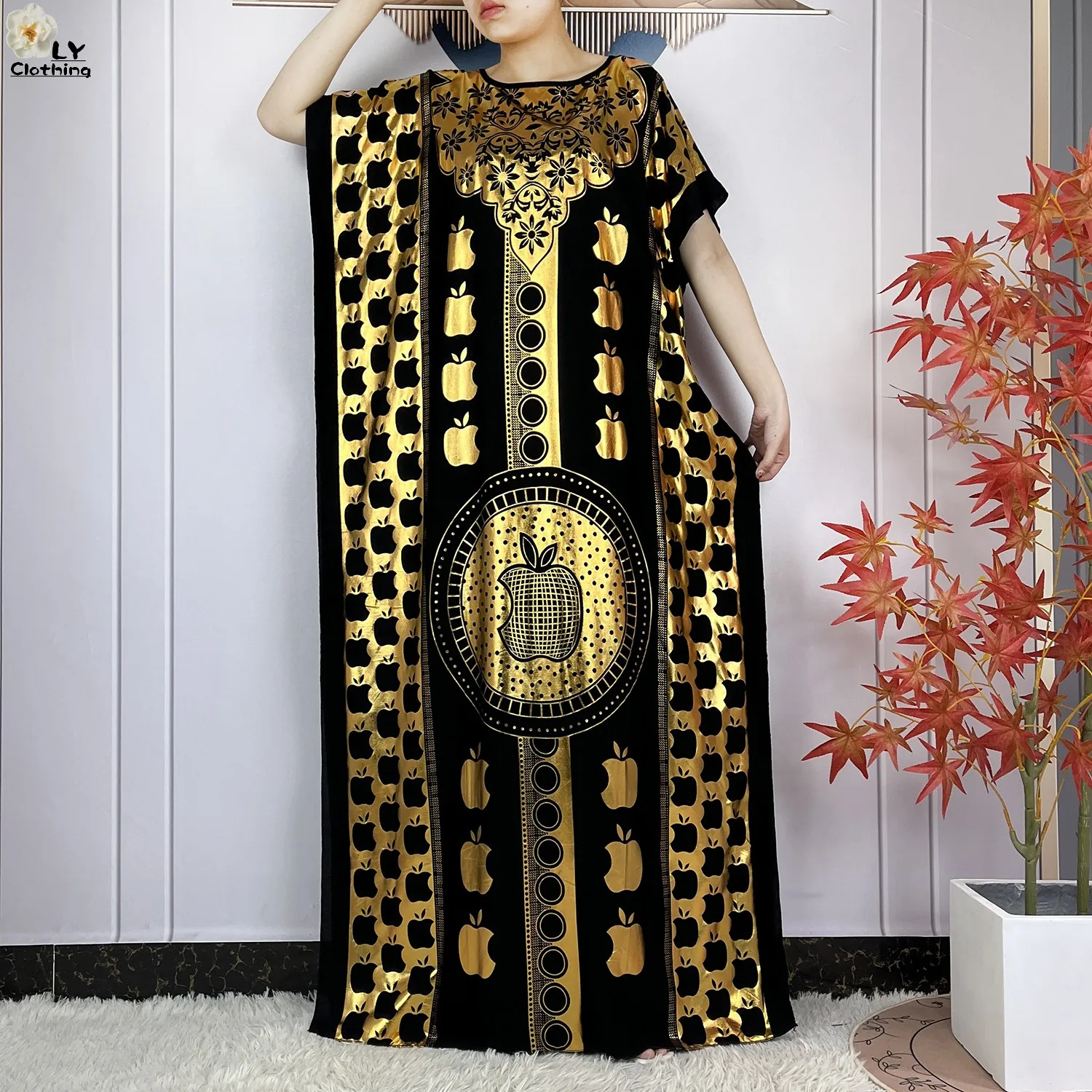 New Summer Short Sleeve Robe Cotton Loose Lady Dress With Big Scarf Gold Stamping Boubou Maxi Islam Women African Abaya Clothing