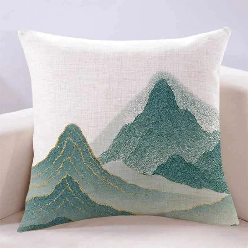 

Embroidered Mountain Landscape Pillow Cover - Green & Gold Peak