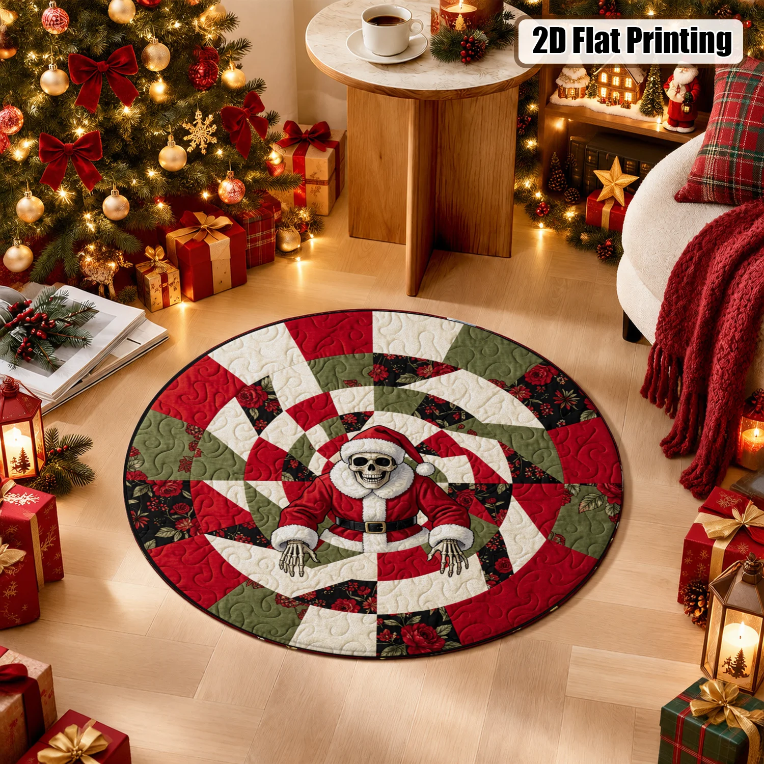 Skull Santa Floral Spiral Round Velvet Mat Machine Washable for Dining Table Kitchen Counter Living Room Coffee Table Halloween Thanksgiving Christmas New Year Black Friday Cyber Monday