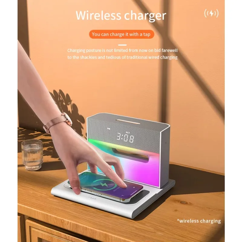 

New 3 in 1 QC 3.0 15w Fast Charging Led Wireless Charging Station Clock Function Portable Wireless Bt Speaker