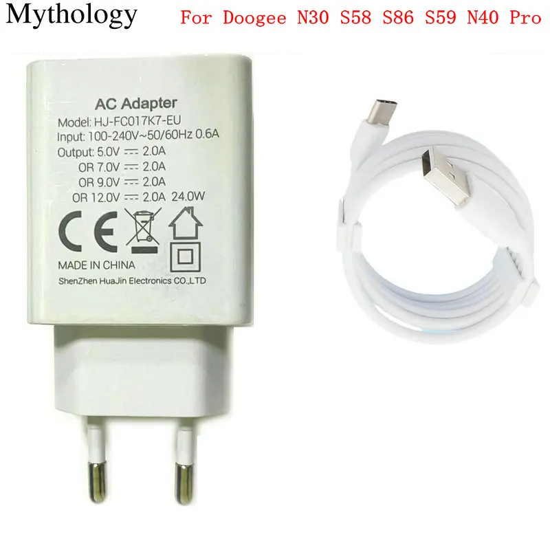 Power Adapter for Doogee N30 S58 S86 S59 N40 Pro Type-C USB Cable12V2A 24W Fast Charging Quick Charger Accessories