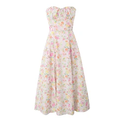 YENKYE Women Floral Print Sexy Elegant Strapless Dress Front Slit A-line Midi Cotton Summer Dresses Party Robe