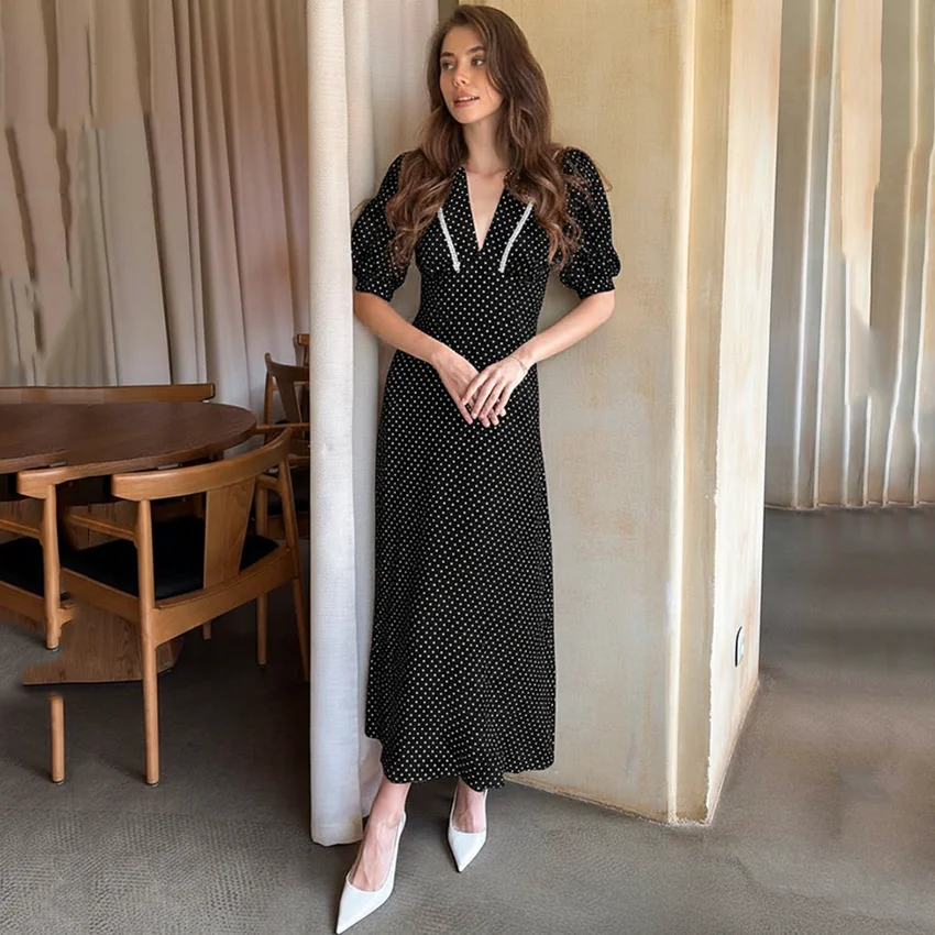 

Винтажное длинное платье Linad с высокой талией в горошек для женщин, весеннее модное платье с пышными рукавами, прямое платье, сексуальное кружевное платье с глубоким V-образным вырезом