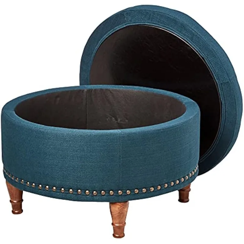 Mobilier de Rangement en Tissu Bleu Azur, Têtes de Clous en Bronze Antique