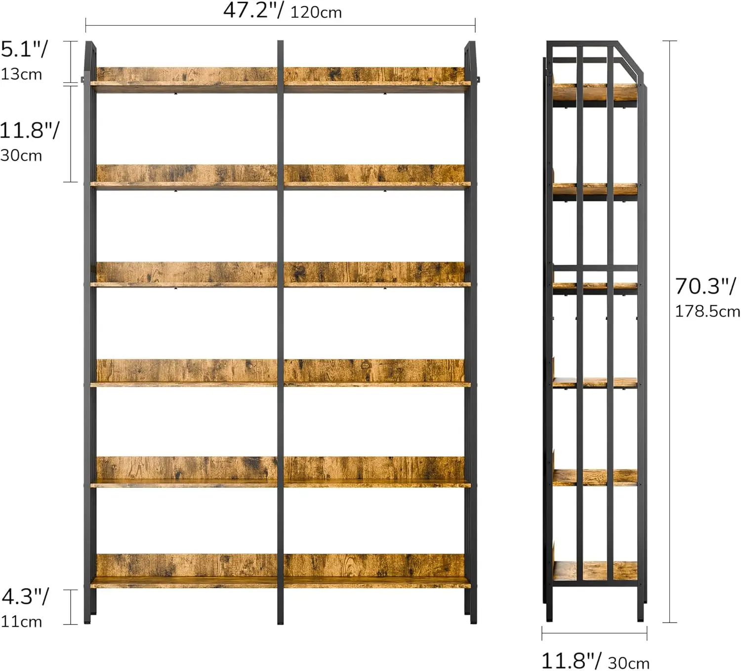 Bookshelf Double Wide 6 Tier, 70” Industrial Wooden Bookcase, Freestanding Book Shelf with Open Shelves, Wood and Metal Bo