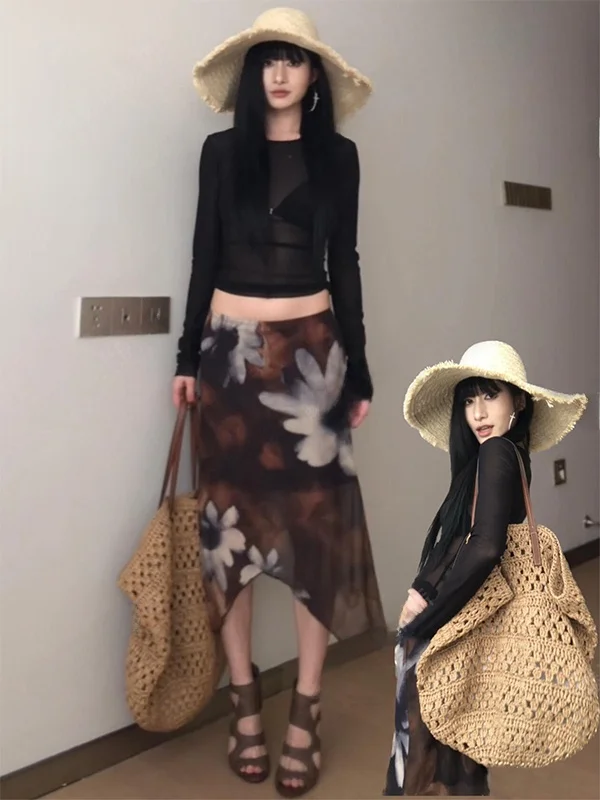 Low Waist Asymmetric Floral Print Smear Half Skirt Spring Autumn Casual Versatile City Commuting Daily Shopping Campus Beach ...