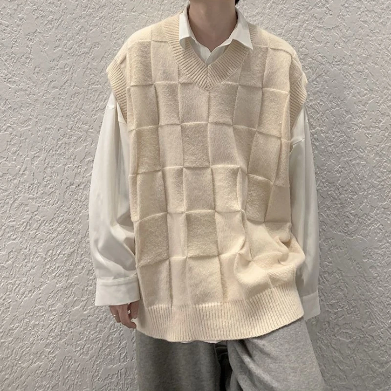 

Off White Men's Knitted Vest V-Neck Loose Fit Sleeveless Solid Check Hong Kong Style Couple Ins Versatile Bottoming