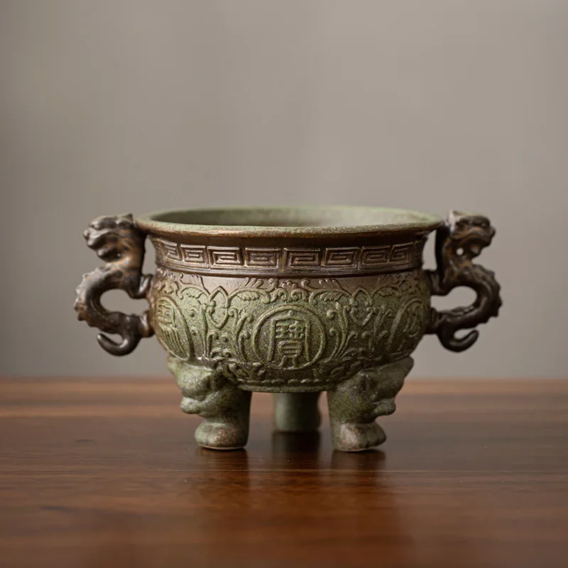 Antique Kiln Change Green Field Incense Stove Treasure Bowl Line Aromatherapy Furnace Consecrate Buddha Triangle Holder Ornament