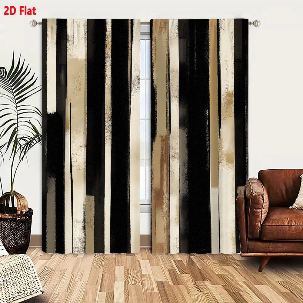 2Pcs Curtains Abstract Vertical Stripes Art Featuring Solid Black And Textured Beige Brushstrokes Window Drapes for Bedroom Room