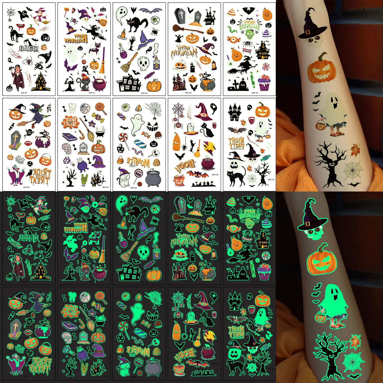 Temporary Tattoo Stickers, 10 Sheets with 180 Patterns, Glow-in-the-Dark, Halloween Series, Waterproof, Realistic Designs