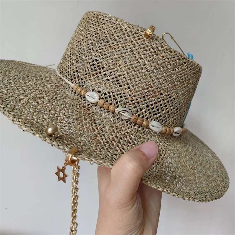 Women\'s Punk Straw Hat 2023 New Sun Hat Gold Chain Accessories Men\'s Jazz Hip Hop Summer Hat Punk Style Beach Hat Church Hat