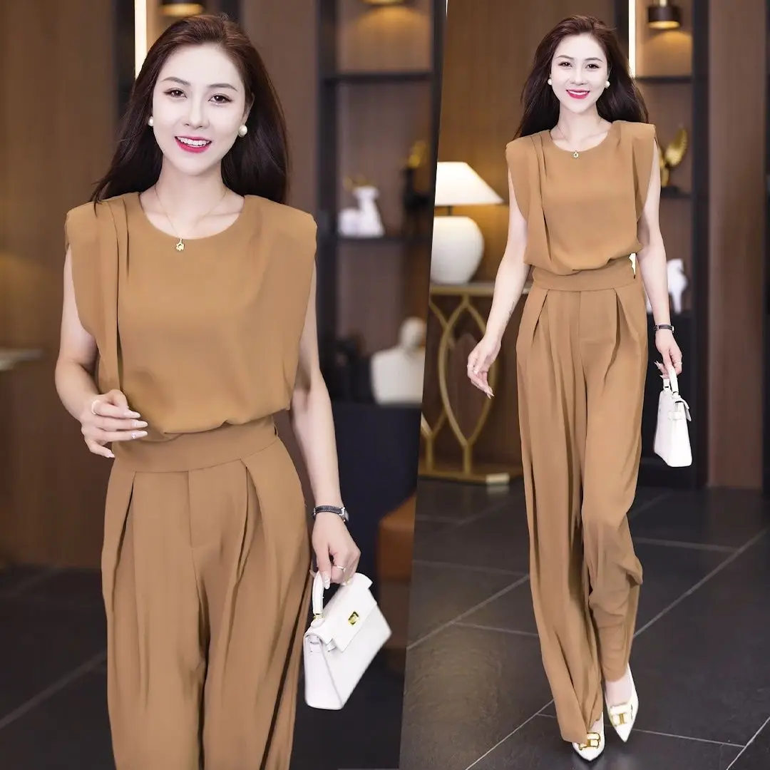 Women\'s Summer New Korean Fashion Casual Sagging Off Shoulder Sleeveless Crop Top And High Waist Wide Leg Pants 2 Two Piece Set