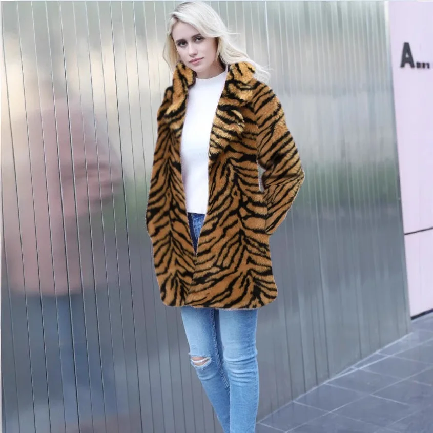 White Long Faux Fur Coat Women Autumn Winter Large Jacket Overcoat Tiger Stripe Pockets Thick Coat Warm Jackets Maxi Coats