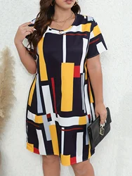 Summer Hot Sold Casual Dress, Women's Fashion Color Blocks Print Short Sleeve Round Neck Tee Dress