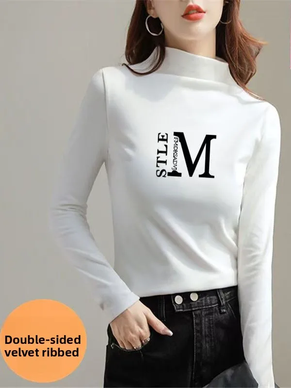 Ciepła, ocieplana, długa bluza z wysokim kołnierzem, z nadrukiem, dwustronna, z aksamitną podszewką, idealna na jesień i zimę, w dużych rozmiarach, codzienna.