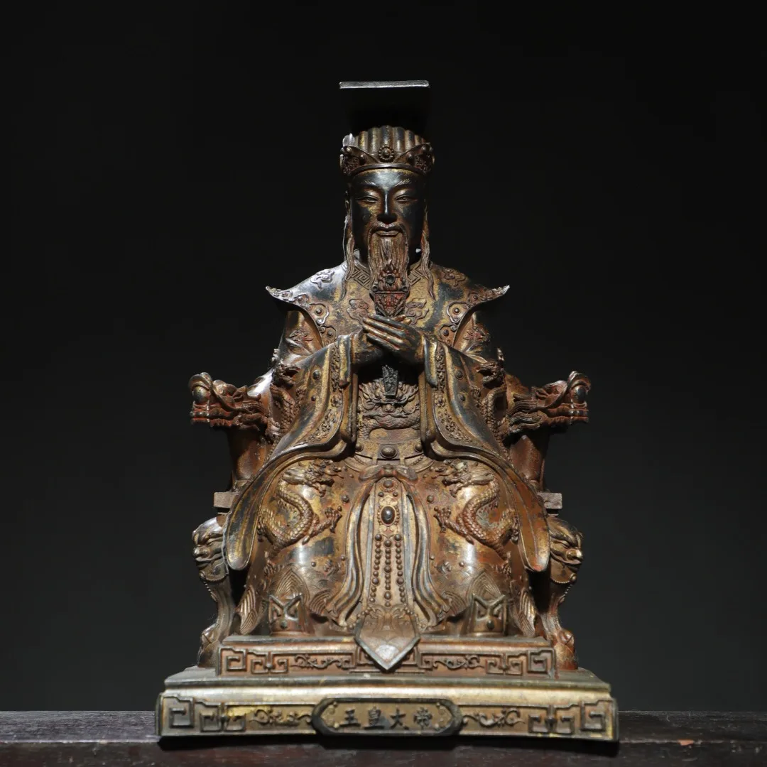 

15"Tibetan Temple CollectionOld Bronze Gilded Cinnabar Jade Emperor immortal Statue Dragon head Seat Worship Hall Town house