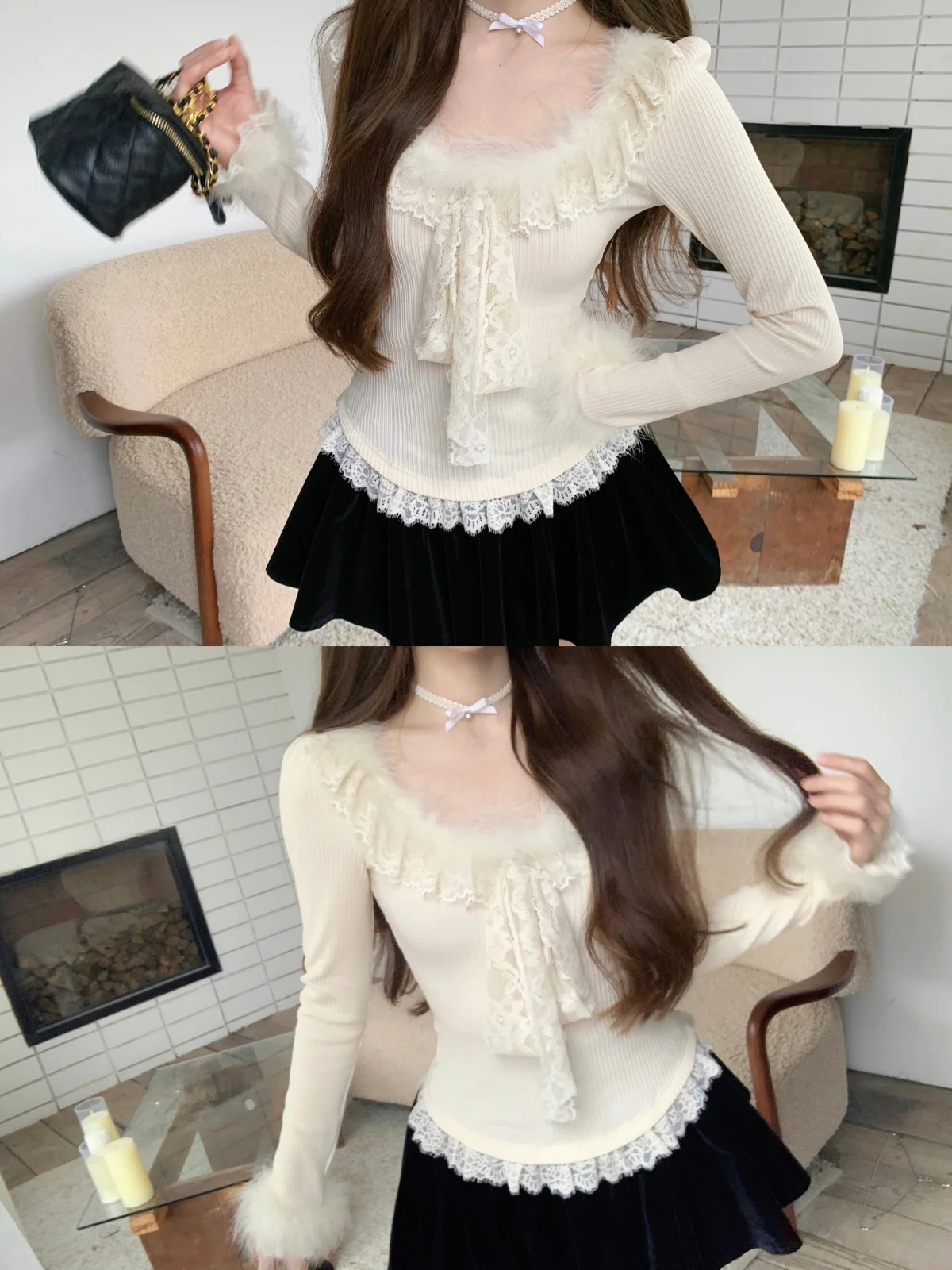 

Musefi Korean Sle ort Sve Knitted Lace High Waist Skirt Set for Young Women Knot Slim Fit Faion Autumn W...